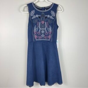 August Mist Womens Dress Small Salem Embroidered Faux Suede Sleeveless Navy